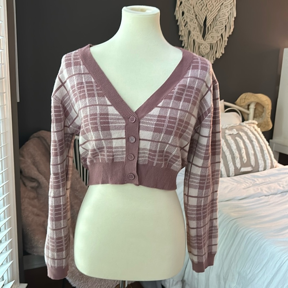 Cropped Pink Plaid Sweater